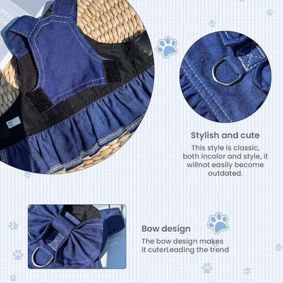 NEW Dog Denim Dresses Bow Princess Harness Dress Summer Dog Apparel with Ring - Picture 2 of 4